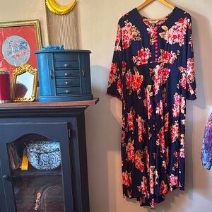 Floral Navy Dress with Pink and coral Accents